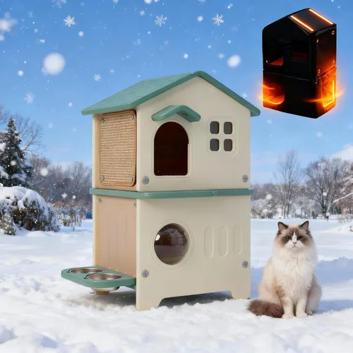 Vista 10 de Casa aislada para gatos al aire libre resistente a la intemperie para gatos múltiples felinos, refugio elevado de plástico de 2 pisos con puerta