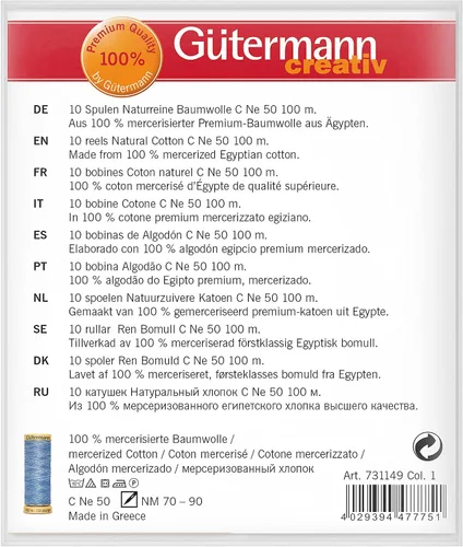 Vista 3 de Gütermann 731149-1 Juego de hilos de algodón natural 100 m x 10 carretes, multicolor, surtido