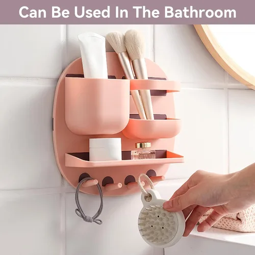 Vista 4 de Estante de montaje en pared, organizador de accesorios de mesita de noche con ganchos, almacenamiento adhesivo para teléfono, control remoto, Rosa