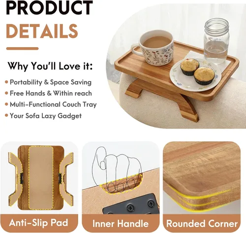 Vista 5 de SINWANT Mesa de Brazo para Sofá, Bandeja de Reposabrazos de Madera de Acacia para Sofá, 13.78" Bandejas Plegables de Reposabrazos de Sofá