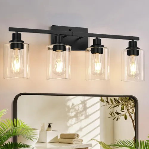 Vista 28 de MOKATNG Juego de 2 apliques de pared para baño, luces de tocador modernas negras con pantalla de vidrio blanco, lámpara de pared de baño