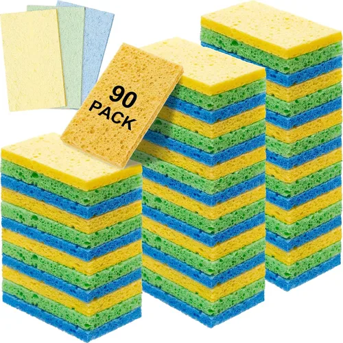 Vista 19 de Zhengmy 48 esponjas a granel, esponjas comprimidas de cocina, esponja natural para platos, limpieza de pulpa de madera comprimida sin rayar para Azul