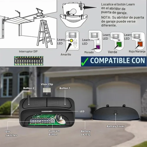 Vista 2 de Control remoto universal para puerta de garaje compatible con LiftMaster, Chamberlain, Linear, Stanley, Wayne Dalton, Craftsman y otros abridores