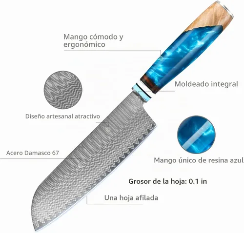 Vista 3 de Kuwata - Cuchillo Santoku profesional, cuchillo de cocina japonés de acero VG10 damasquinado, mango ergonómico de madera para chef, cuchillos