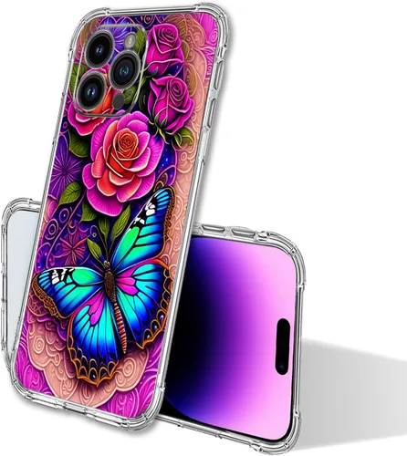 Vista 2 de Funda para iPhone 14 Pro Max, protección contra caídas de flores de mariposa azul, rosa, a prueba de golpes, carcasa protectora de cuerpo completo