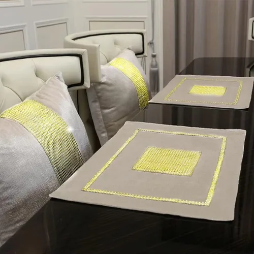 Vista 12 de Juego de 2 manteles individuales de Navidad, manteles individuales para mesa de comedor, lentejuelas doradas, diamantes de imitación, color negro