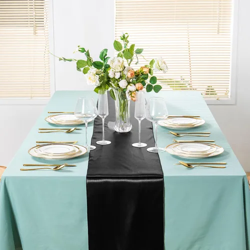 Vista 4 de Homiest Paquete de 4 decoraciones de mesa de satén, color negro, camino de mesa brillante para boda/cumpleaños, 12 x 108 pulgadas, camino