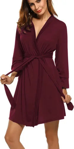 Vista 26 de HOTOUCH - Bata ligera de punto corta para mujer, bata de baño suave con bolsillos, ropa de dormir para damas