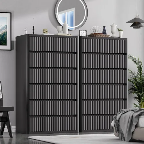 Vista 4 de Standifurno Cómoda negra de 56 pulgadas de alto para dormitorio, moderna acanalada con 6 cajones profundos, cómoda de madera con asas, perfiles Negro