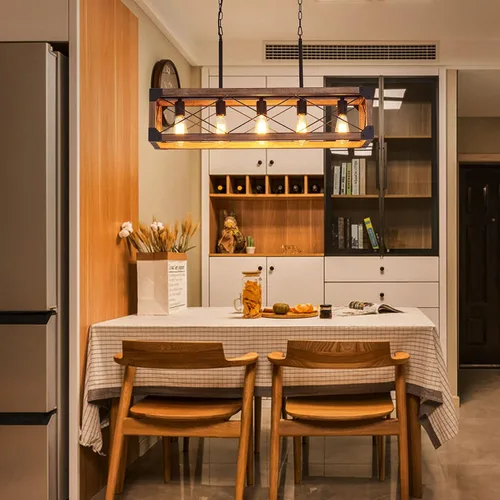 Vista 7 de Iluminación de isla de cocina, 33.5 pulgadas, 5 luces, lámpara lineal de granja para comedor, mesa de billar, lámpara colgante, acabado de grano