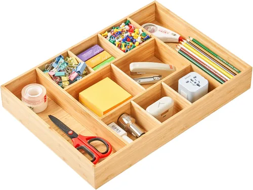 Vista 8 de Organizador de cajones de escritorio, bandeja organizadora de madera de bambú con compartimentos ajustables, accesorios de escritorio de oficina