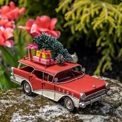 Vista 2 de Zaer Ltd. Autos de Navidad de tamaño grande de 14 pulgadas de largo, estilo vintage, con accesorios adjuntos (auto verde clásico)