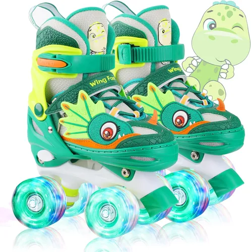 Vista 12 de Dino - Patines de ruedas para niños y niñas, WESKIFAN Dinosaur Quad Skating Shoes con ruedas brillantes y tamaños ajustables para principiantes