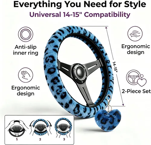 Vista 5 de Funda de volante de leopardo con llavero, protector de volante de piel elástica y mullida, guepardo, accesorios de automóvil para mujeres y niñas