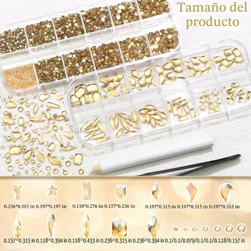 Vista 2 de 3520 diamantes de imitación de uñas color dorado champán para uñas, multiformas con parte trasera plana, diamantes de imitación redondos