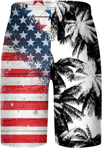 Vista 3 de Yuzhih Pantalones cortos de bandera estadounidense para hombre, cintura elástica, con bolsillo, pantalones de retazos impresos, pantalones cortos