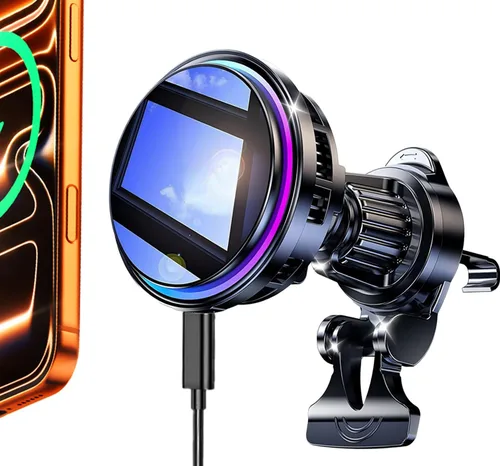 Vista 10 de Para Qi2 Cargador de Montaje de Coche MagSafe de 15W con Luz RGB, Soporte Magnético Inalámbrico de Enfriamiento por Hielo para Teléfono, Carga