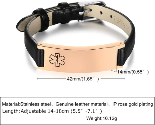 Vista 43 de MPRAINBOW Pulsera de alerta médica personalizada para mujer, correa de reloj de cuero genuino, grabado de doble cara, diabetes, epilepsia, joyería
