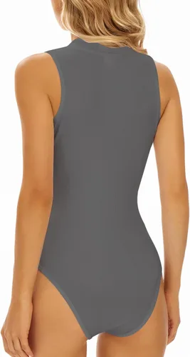 Vista 2 de YIJIU Camiseta sin mangas con cuello alto falso para mujer, sexy, ajustado, leotardo