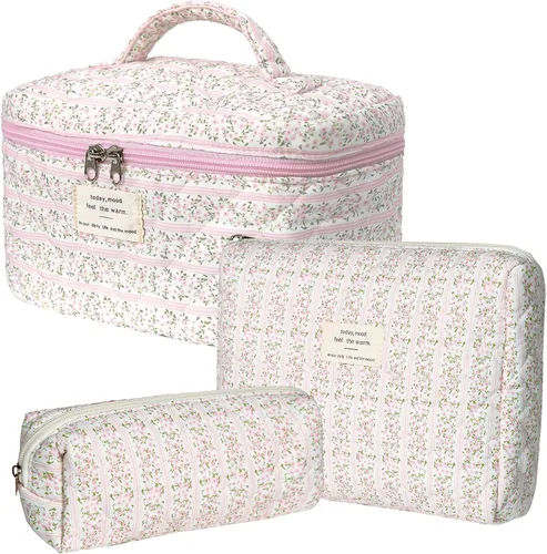 Vista 36 de Gosect Bolsa de maquillaje grande, bonita bolsa de cosméticos para mujeres y niñas, bolsa de aseo estética de coqueta floral, bolsa organizadora