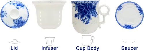 Vista 2 de Taza de té de porcelana con tapa de infusor y juegos de platillos – Taza de café de cerámica china Jingdezhen Taza de té de hoja suelta Sistema