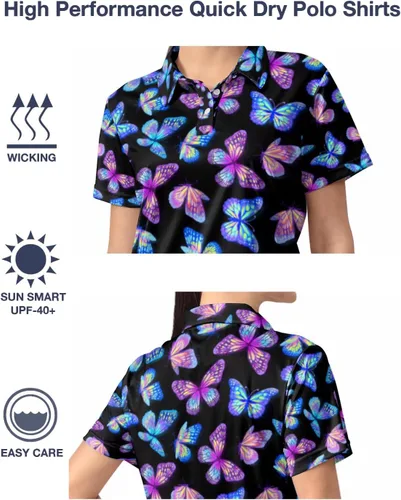 Vista 4 de QINGXUN Polo de manga corta con estampado gráfico para mujer, polo de golf que absorbe la humedad