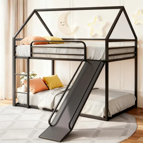 Vista 13 de Litera de cama individual sobre individual con tobogán, marco de cama en forma de casa con escalera, estructura de cama baja de servicio pesado