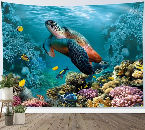 Vista 4 de HVEST Tapiz de tortuga marina para colgar en la pared, peces tropicales y coral en mundo submarino para dormitorio, océano azul, paisaje natural