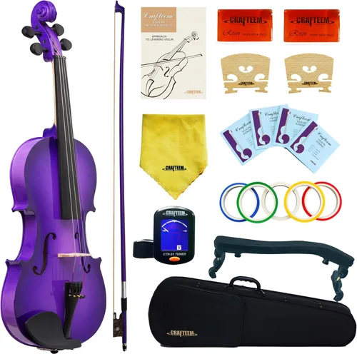 Vista 9 de CRAFTEEM 1/2 Conjunto de violín negro premium hecho a mano para principiantes, adultos y niños con cinta adhesiva para dedos de 5 colores - Violín