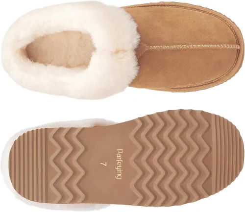 Vista 3 de Parfeying Pantuflas de casa para mujer, lana real de oveja, suela de goma antideslizante, cálidas para interiores y exteriores para mujer