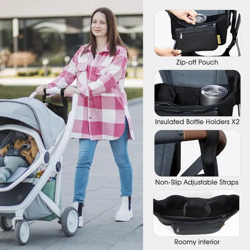 Vista 4 de Organizador de cochecito, correas antideslizantes con portavasos aislado para UPPABABY, bolsa desmontable para teléfono, bolsa organizadora