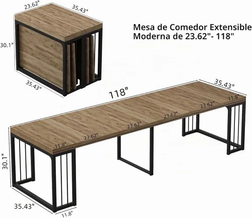 Vista 3 de KEIKI Mesa de comedor plegable extensible de 23.62 a 118 pulgadas de largo para 2 a 10 personas, muebles de madera moderna y rústica rectangular