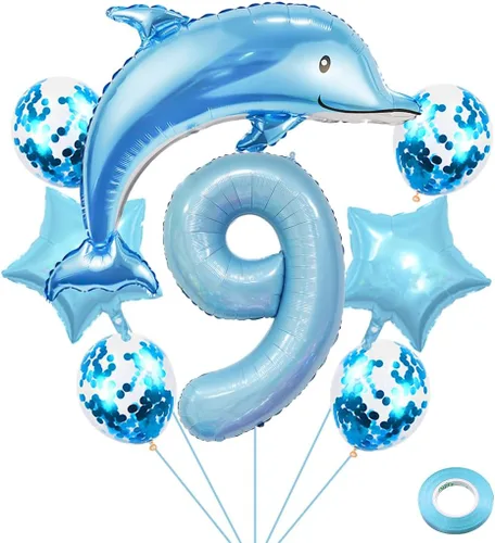 Vista 11 de Globos de cumpleaños de 5º delfín, globo gigante de papel de aluminio de delfín número 5, globos de Mylar de animales del océano para suministros