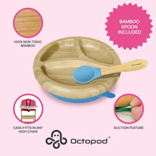 Vista 2 de Abiie Octopod Bamboo Dish & Spoon - Plato de succión para bebé - 4 meses y más - Azul 3-Compartment Round Kids Plate, High Chair Accessories