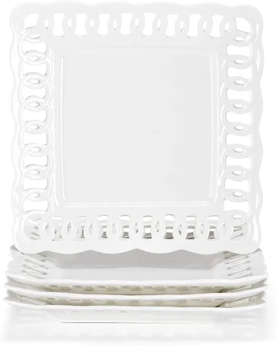 Vista 11 de Juego de 4 platos de cena de 10 pulgadas con borde de encaje, nuevos platos redondos de porcelana color hueso con diseño único de ahuecamiento