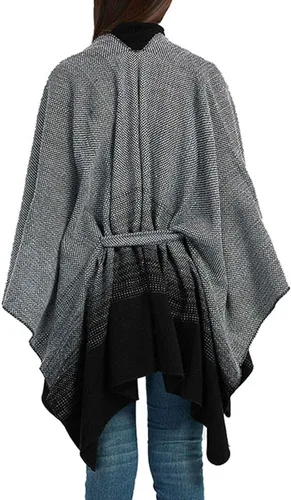 Vista 7 de Suéter para mujer abrigo tipo capa de murciélago con cinturón kimono drapeado amplio dobladillo alto y bajo cárdigan con cinturón