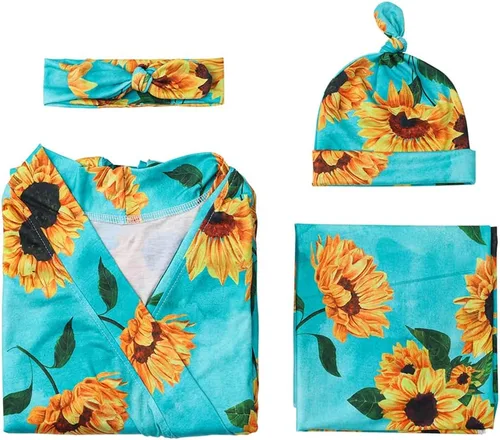 Vista 6 de AWIBMK Mommy and Me Robe and Swaddle Set Floral Maternity and Baby Matching Delivery Blanket Headband for Mom Girl Boy 4pcs
