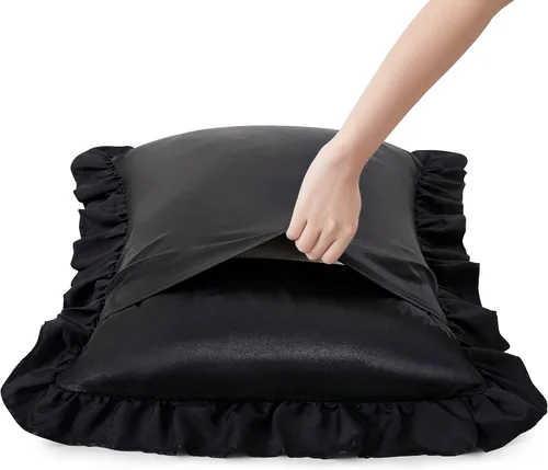Vista 3 de Fundas de almohada de satén negro con volantes para el cabello y la piel, juego de 2 fundas de almohada de seda negras de tamaño estándar con cierre