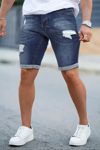 Vista 4 de GINGTTO Pantalones cortos de mezclilla rasgados ajustados para hombre