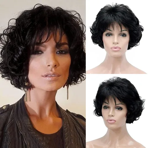 Vista 2 de Kalyss Peluca Corta Rizada Ondulada de 10" con Flequillo de Cabello Sintético Premium Resistente al Calor Pelucas Cortas con Aspecto de los Años 70