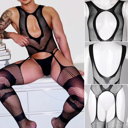Vista 6 de Body de malla transparente para hombre, color negro, Negro