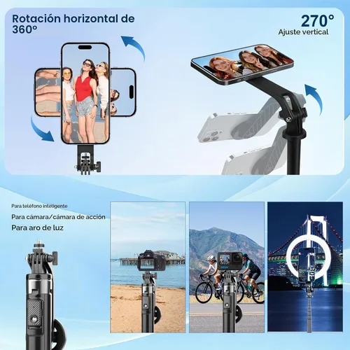 Vista 2 de Trípode magnético para teléfono de 53 pulgadas portátil para selfie stick para iPhone MagSafe GoPro cámaras de acción con control remoto recargable