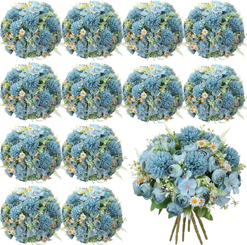 Vista 27 de Tigeen - 12 paquetes de flores artificiales de peonías, rosas sintéticas Azul