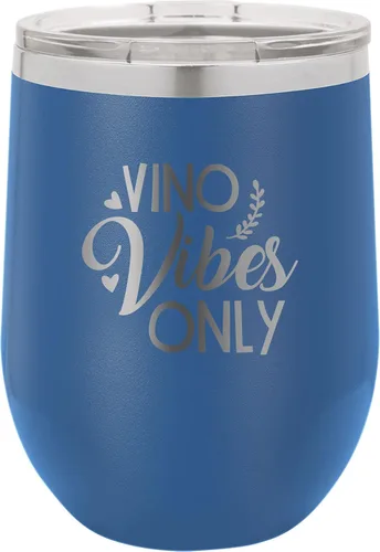 Vista 11 de CustomGiftsNow Vino Vibes Only - Stainless Steel Double-Wall Insulated 12-Ounce Truck Car Travel Coffee Cup Wine Tumbler Mug with Lid Light Blue