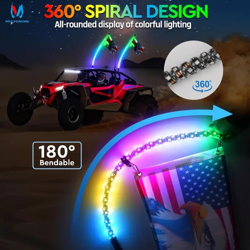 Vista 3 de MICTUNING 1 luz LED en espiral de 3 pies con 4 banderas, control remoto RF, persecución RGB iluminada con interruptor basculante, para UTV, ATV