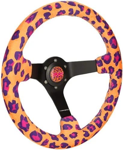Vista 2 de NRG Innovations NRG-RST-036MB-SV-OR - Volante deportivo reforzado de 13.780 in (3 pies de profundidad), estampado de leopardo naranja salvaje