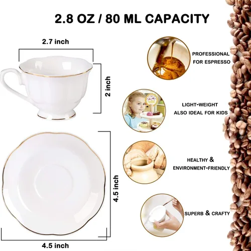 Vista 2 de Guangyang Juego de 12 tazas y platillos de porcelana fina de 2.5 onzas, juego de 6 tazas de café turco para doble color blanco espresso con ribete