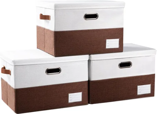 Vista 57 de PRANDOM Contenedores de almacenamiento con tapas [paquete de 3] cajas de almacenamiento plegables de tela de lino, canastas organizadoras, cubos
