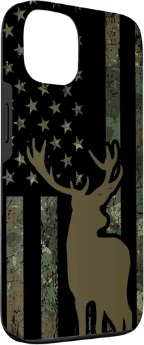 Vista 3 de Funda de camuflaje para iPhone 13 con diseño de alce y caza de bandera americana