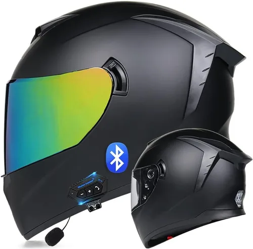 Vista 8 de Casco de motocicleta Bluetooth de cara completa abatible con micrófono, diseño de ala trasera aprobado por DOT, reducción de ruido con doble visera